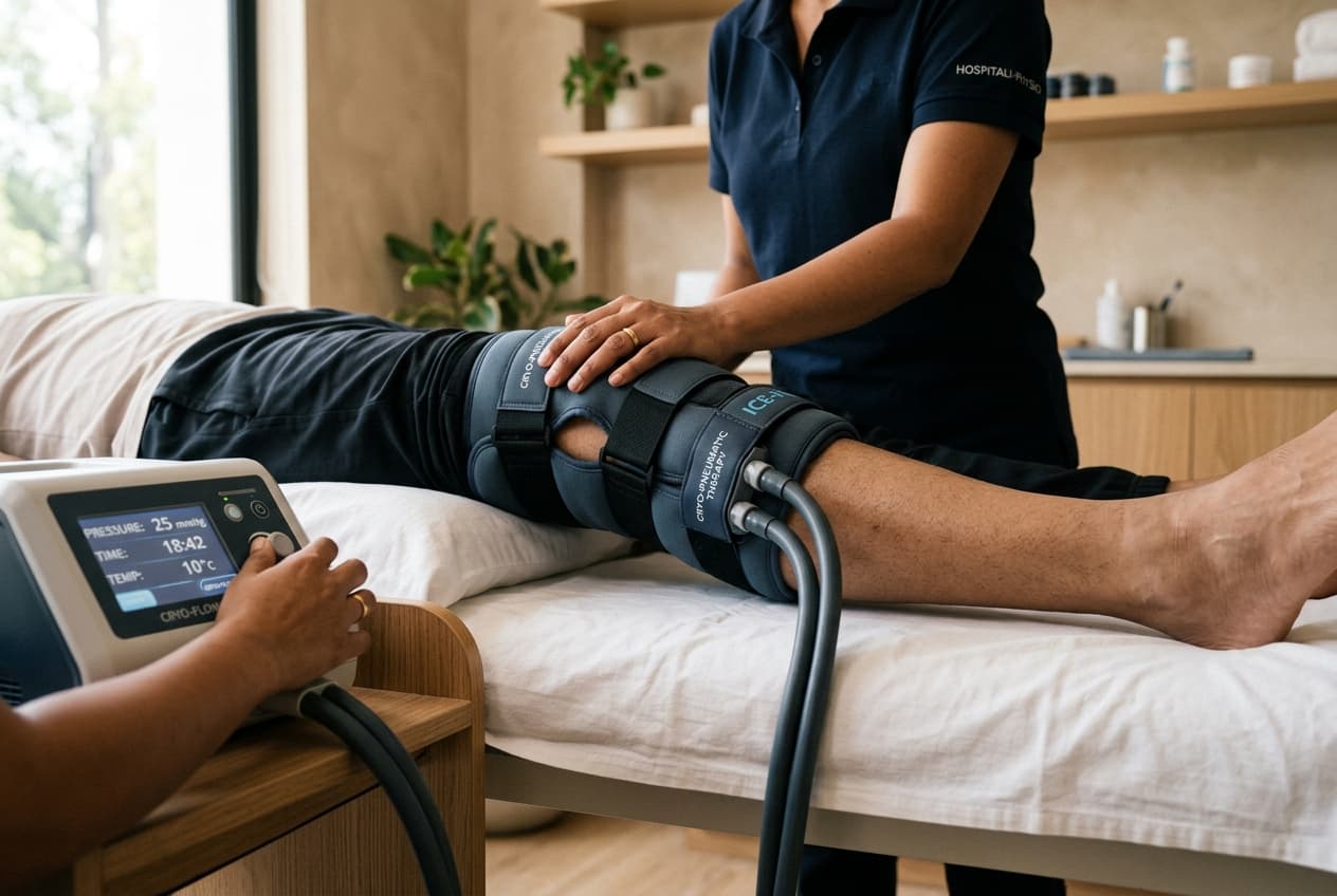 Active pneumatic cryo-compression therapy for post-surgical knee swelling and athletic recovery at Zen Physiotherapy Clinic Nashik