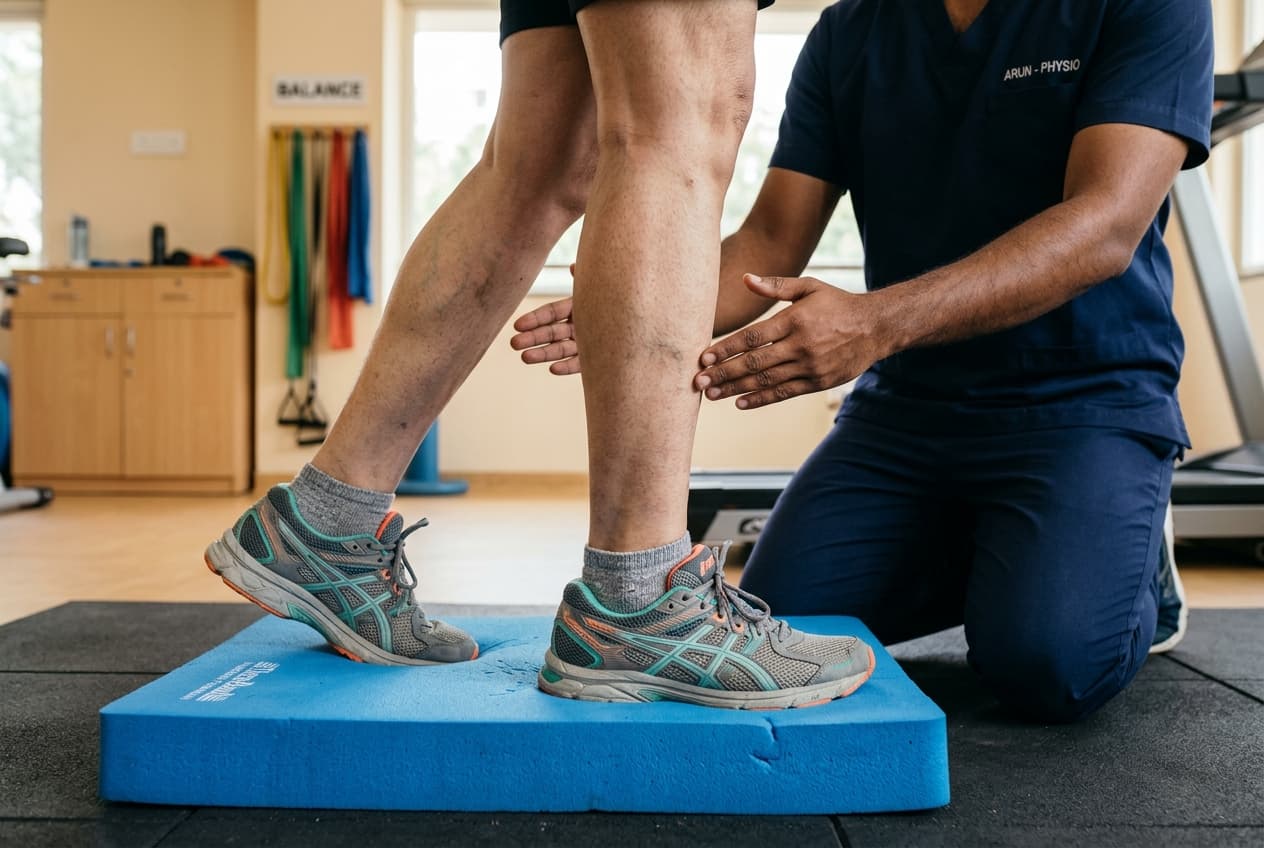 Fall prevention exercise focusing on single leg stance and ankle stability