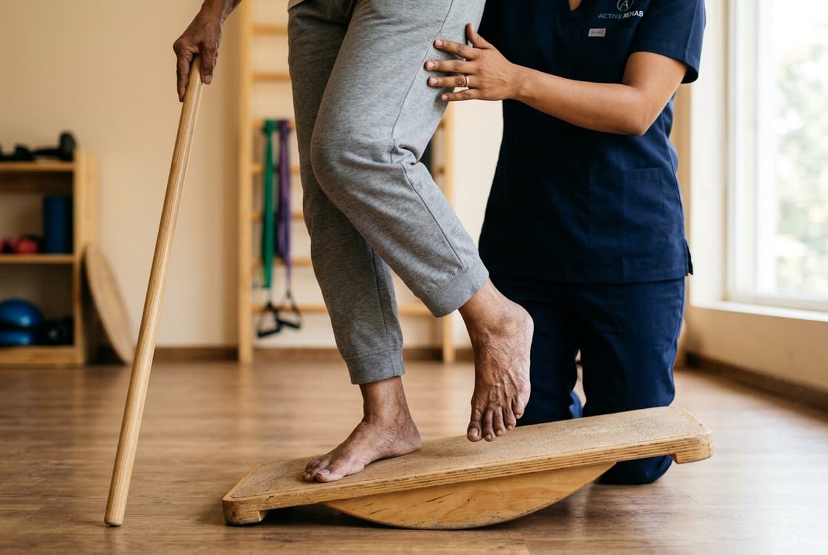Senior citizen balance training and sensory-motor reaction exercise supervised by a geriatric physiotherapist at Zen Physiotherapy Clinic Nashik