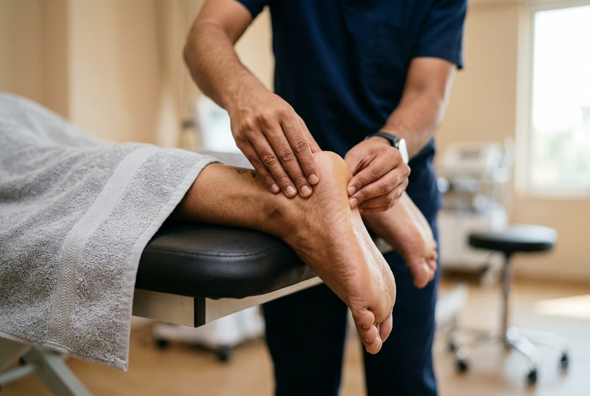 Clinical calcaneal palpation and heel fat pad offloading assessment for heel pain at Zen Physiotherapy Clinic Nashik