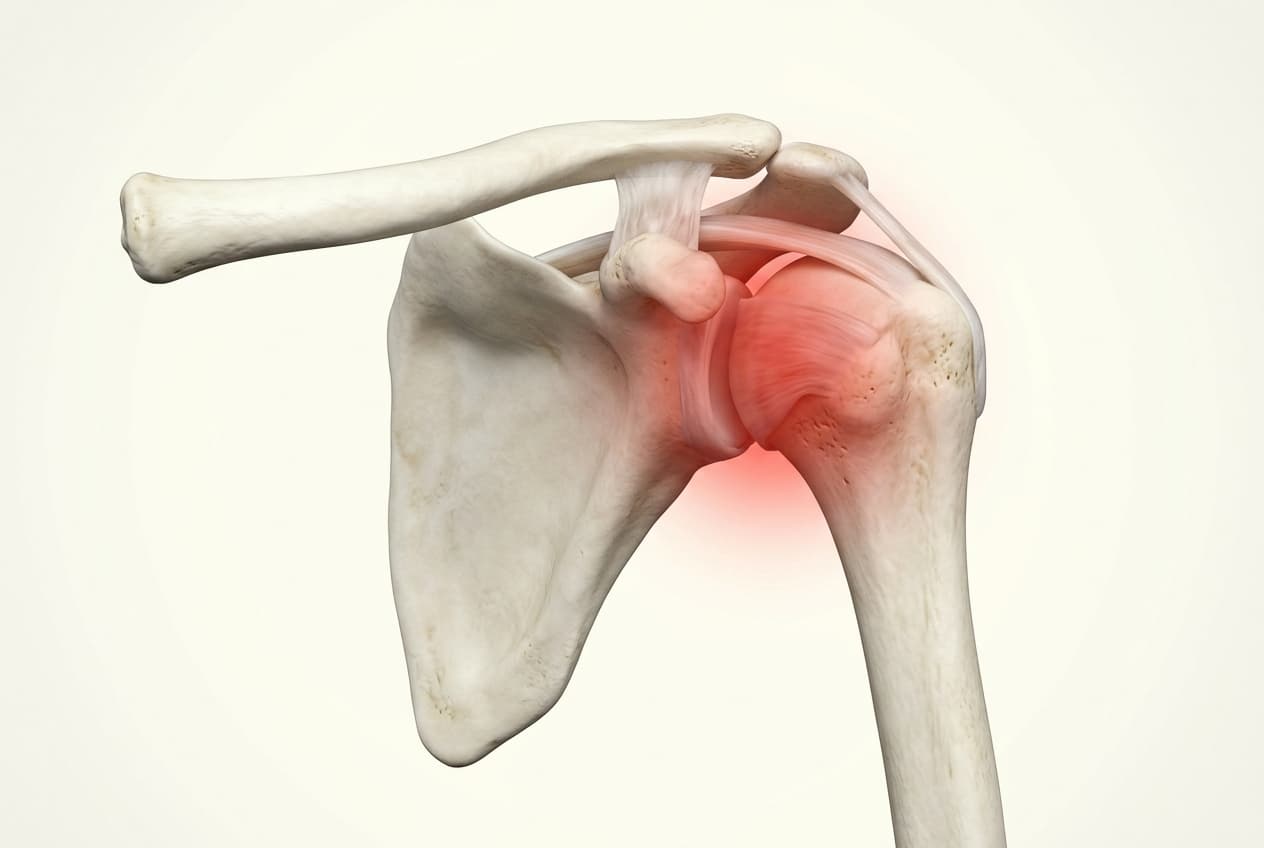 3D medical anatomical visualization of shoulder joint and rotator cuff with red pain highlight at Zen Physiotherapy Nashik