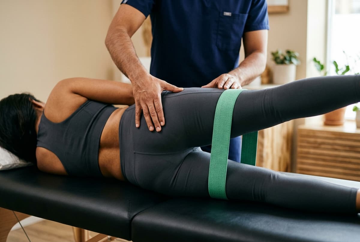 Side-lying resistance band gluteus medius abduction for hip bursitis and trochanteric pain at Zen Physiotherapy Clinic Nashik