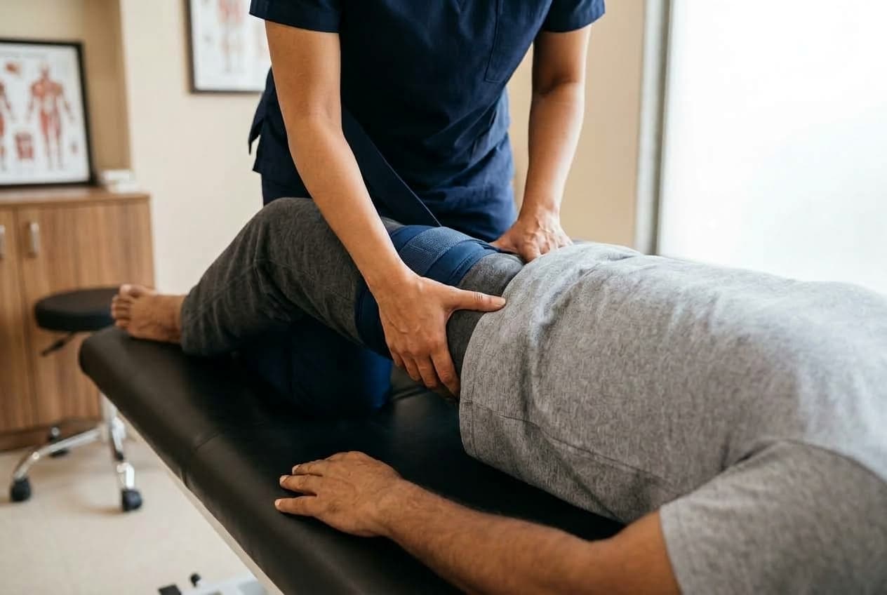 Manual hip joint long axis distraction and capsular decompression