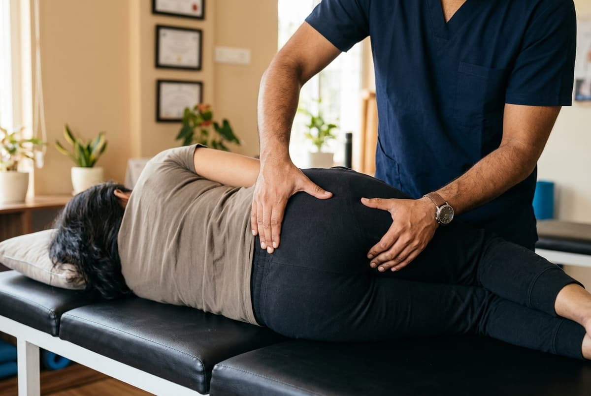 Side-lying manual sacroiliac SI joint mobilization and pelvic alignment therapy at Zen Physiotherapy Clinic Nashik