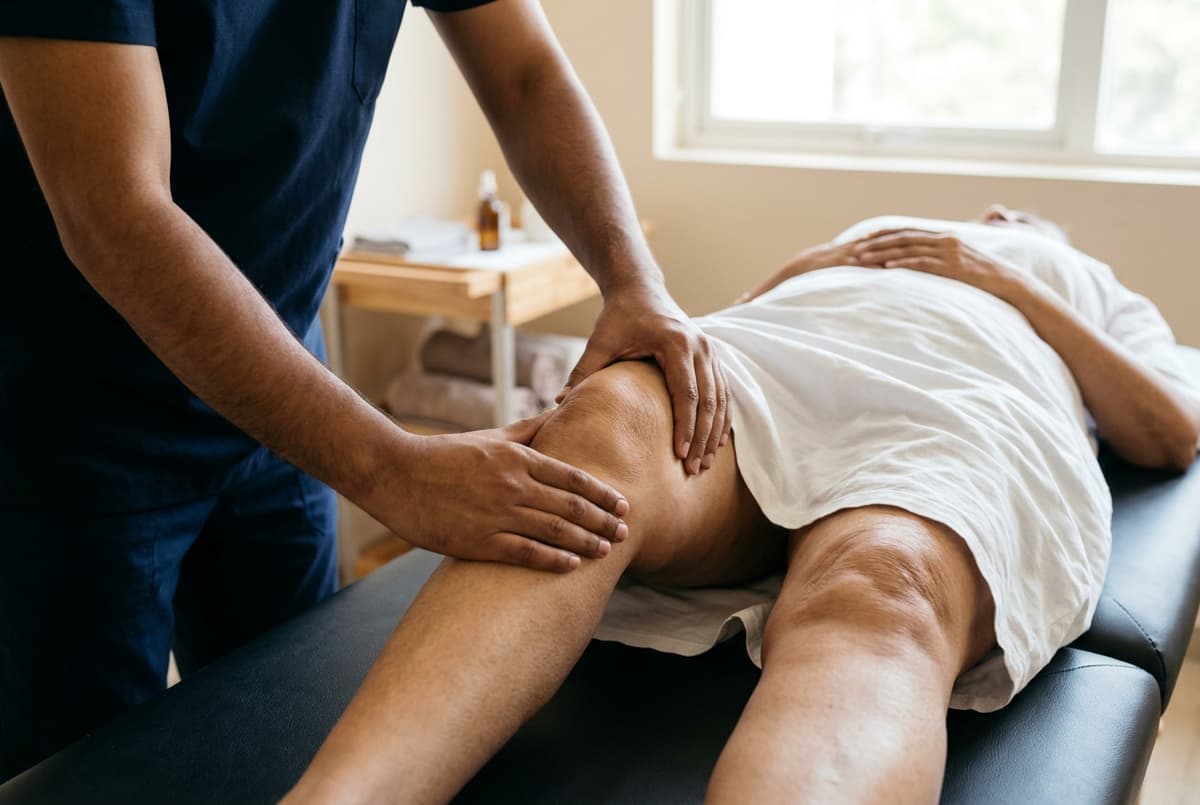 Gentle manual joint mobilization and patellofemoral warmth therapy for senior knee arthritis at Zen Physiotherapy Clinic Nashik
