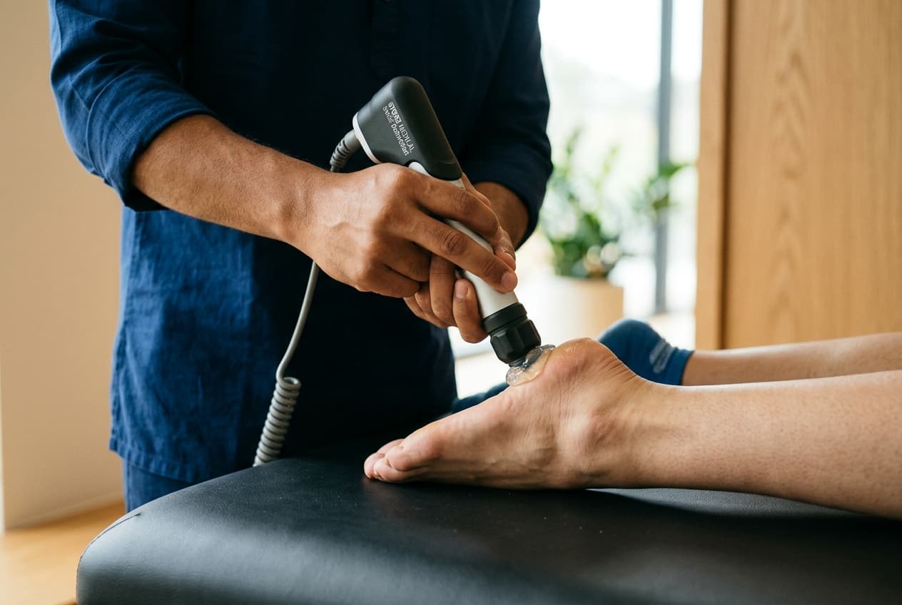 Clinical Extracorporeal Radial Shockwave Therapy applied to heel and plantar fascia tendon at Zen Physiotherapy Clinic Nashik