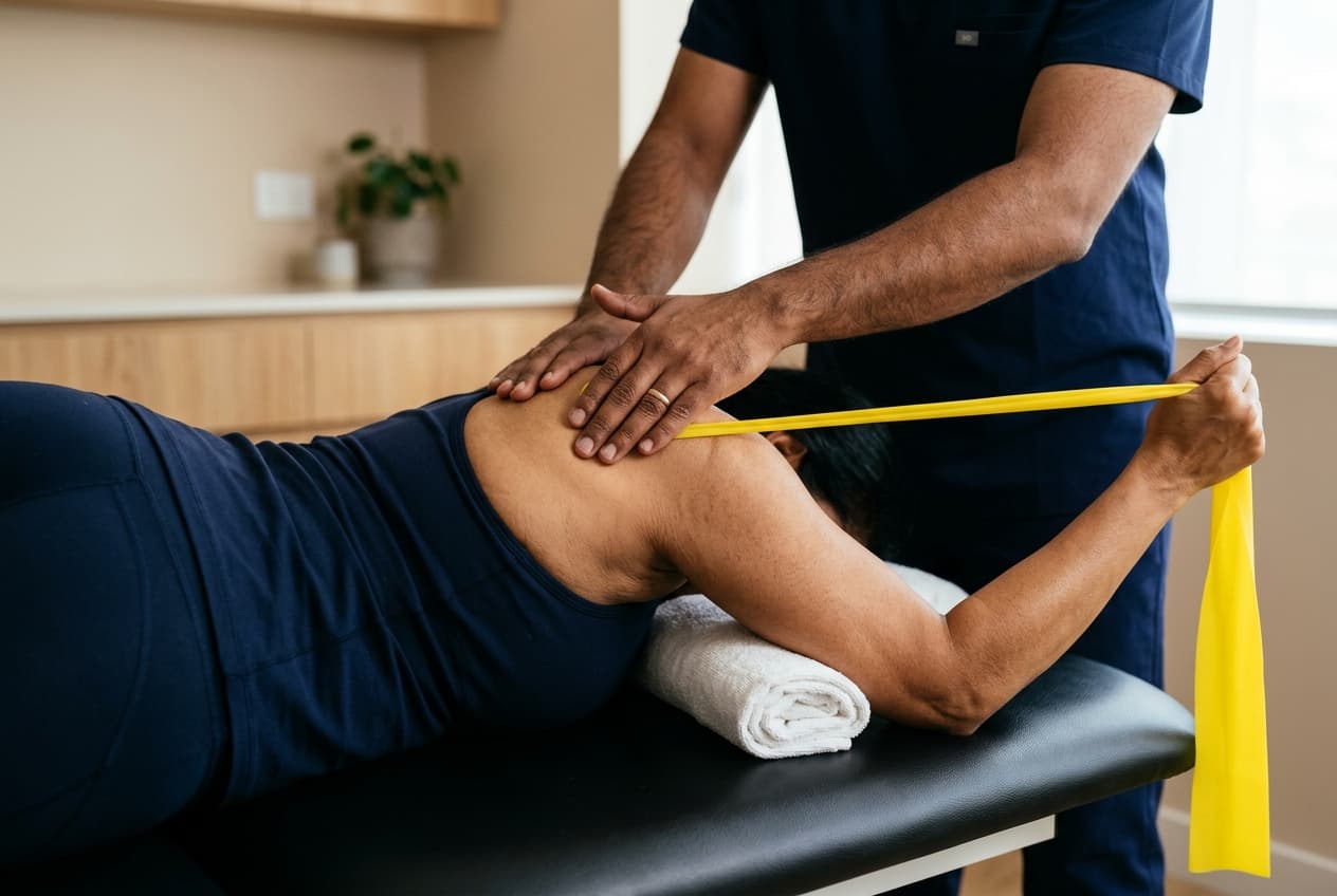 Side-lying rotator cuff external rotation with resistance band and scapular stabilization for shoulder impingement at Zen Physiotherapy Clinic Nashik