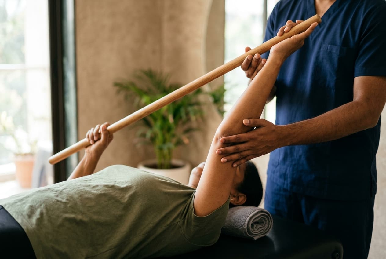 Assisted wand exercises to regain overhead shoulder range of motion