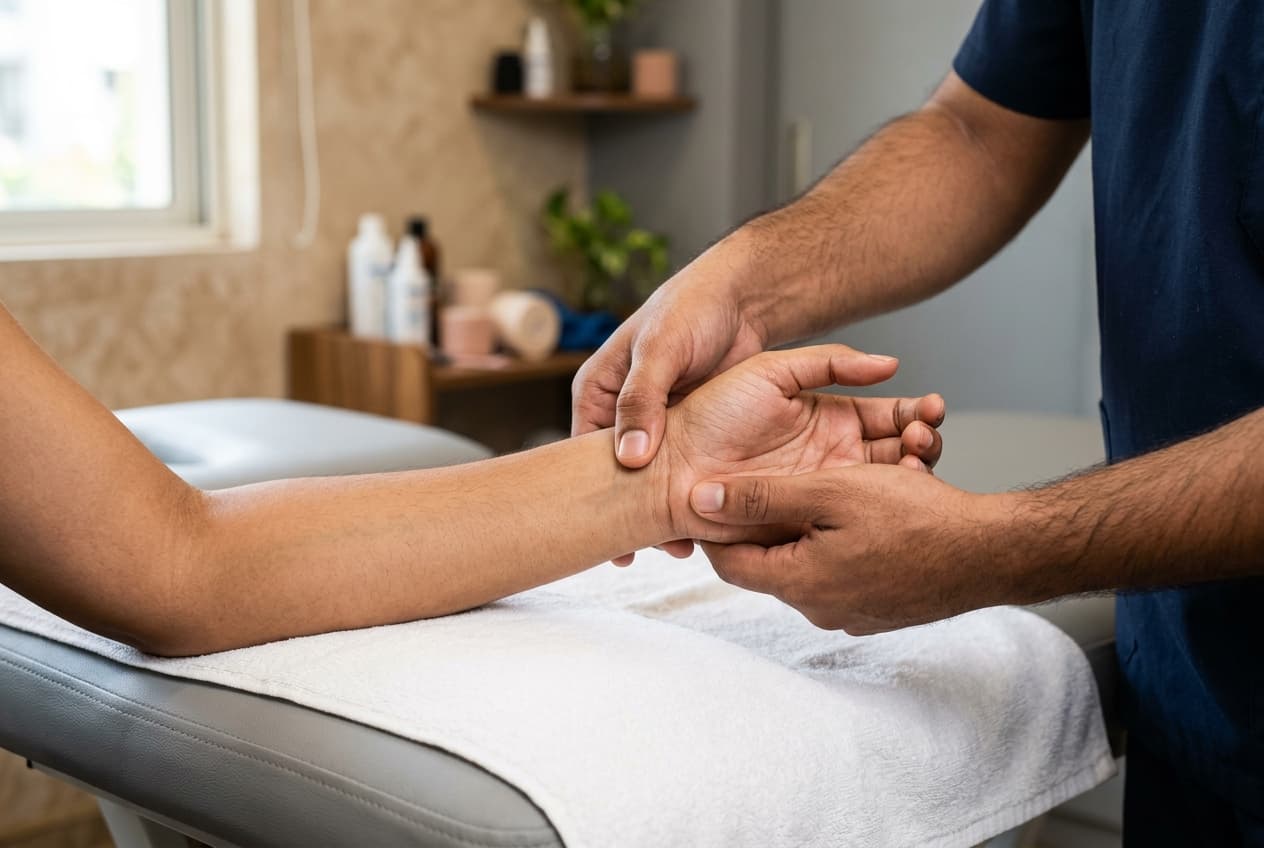 Manual carpal bone mobilization glides and wrist ligament therapy at Zen Physiotherapy Clinic Nashik